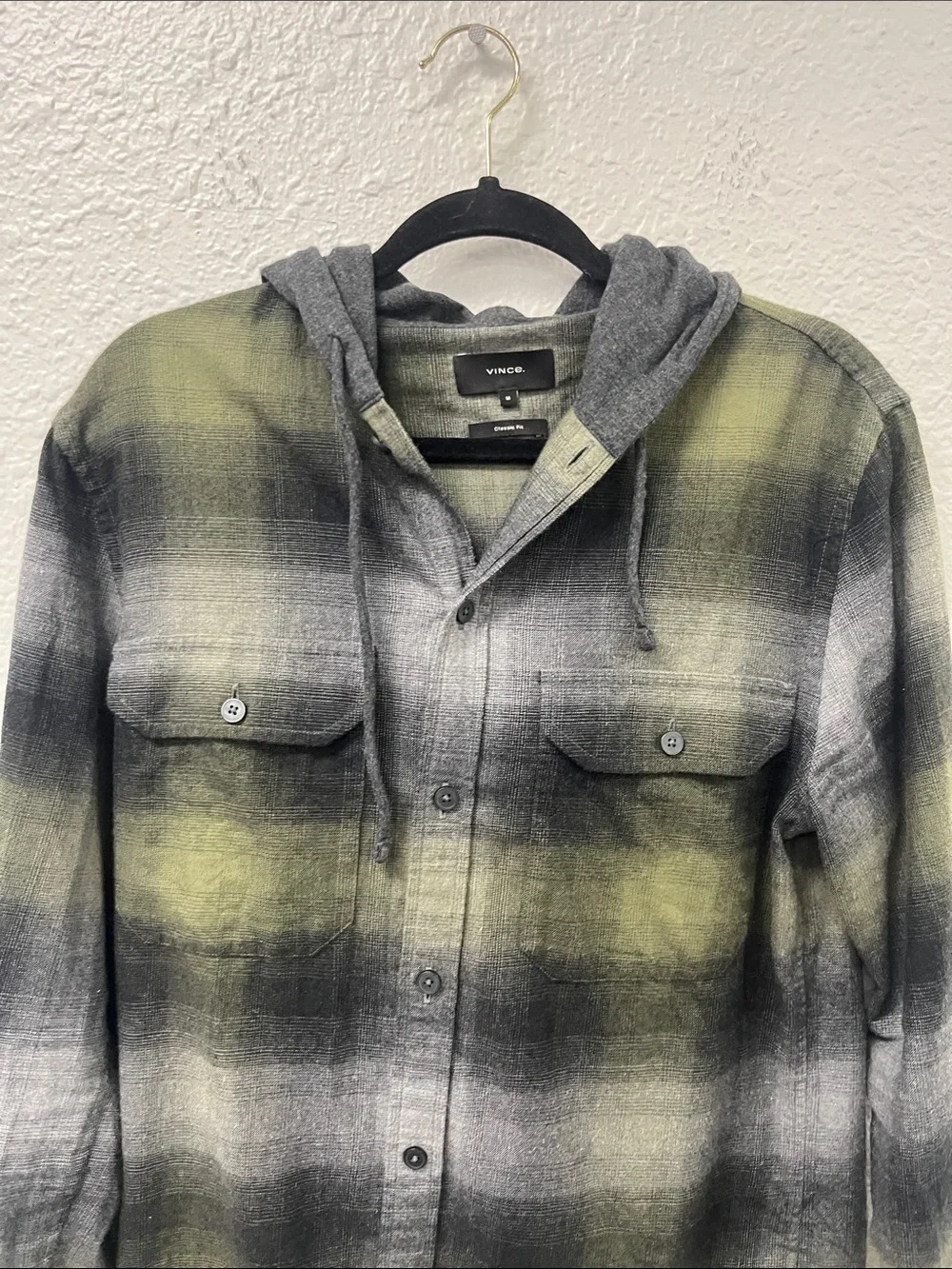 Vince Olive and Gray Plaid Hooded Shirt Jacket #1223